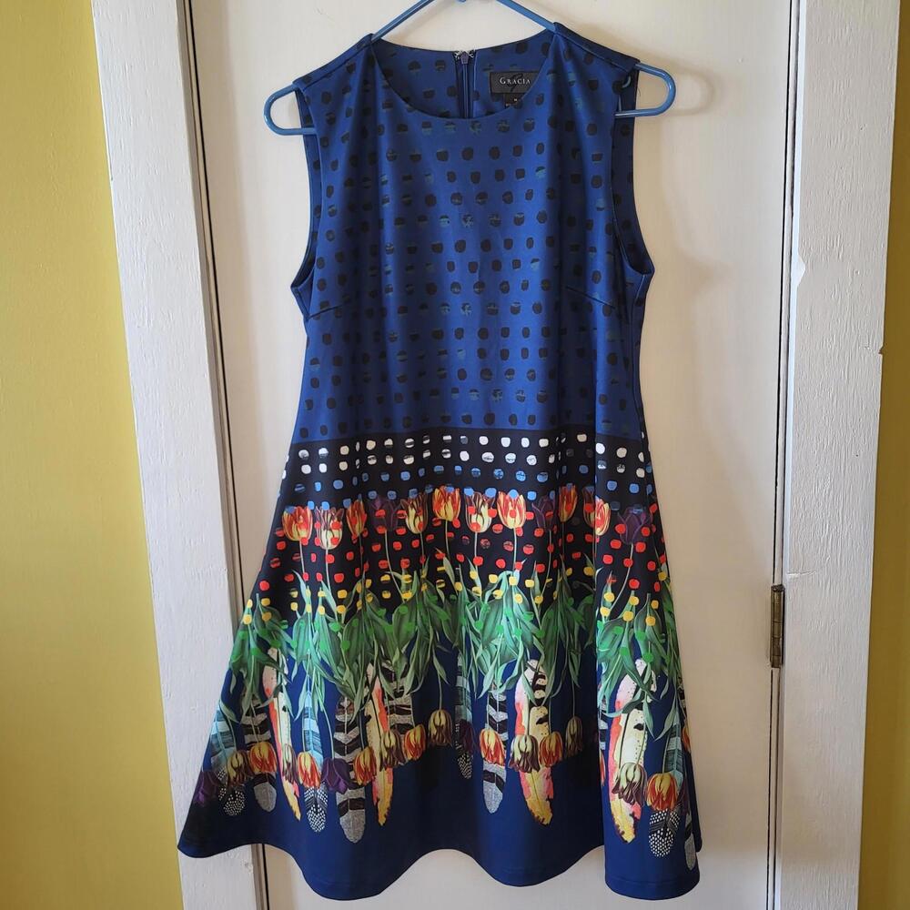 Gracia Floral Polka Dot Tulip Dress fit-and-flare silhouette blue background MED